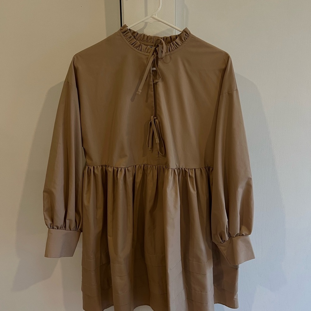Tan Ruffled Long Sleeve Dress
